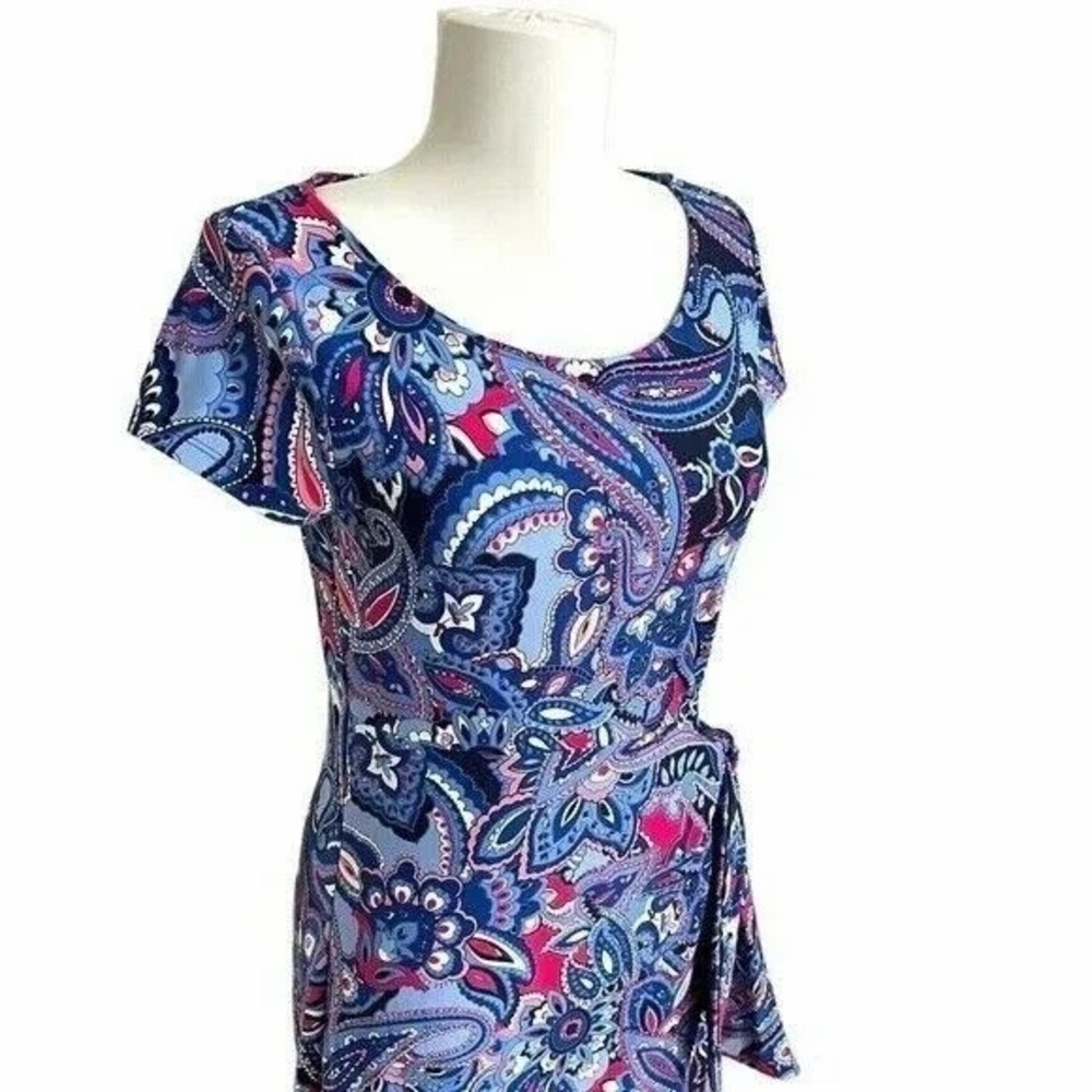 Talbots Boho Paisley Faux Wrap Shift Dress | Vibrant Pink & Blue Mod Jersey - M - Picture 6 of 8